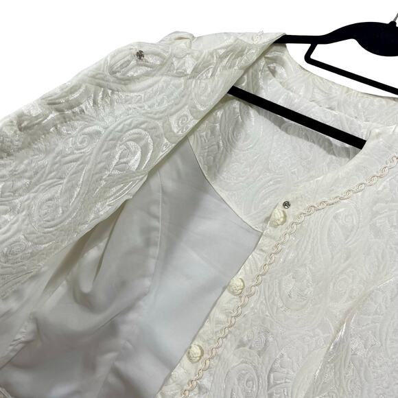 Vintage 90s Handmade Cream Floral Jacquard Blazer Jacket XL - Picture 11 of 12